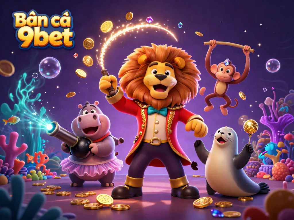 Bắn cá 9bet dynamic underwater scene with 3D characters, vibrant game elements, and cascading treasures.