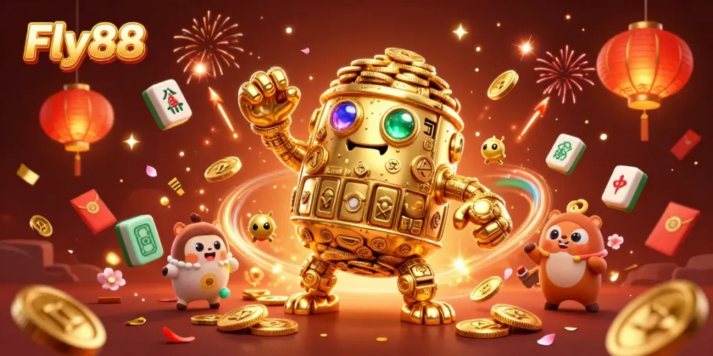 Experience lavish slot rewards at Fly88 with a golden golem and casino elements.