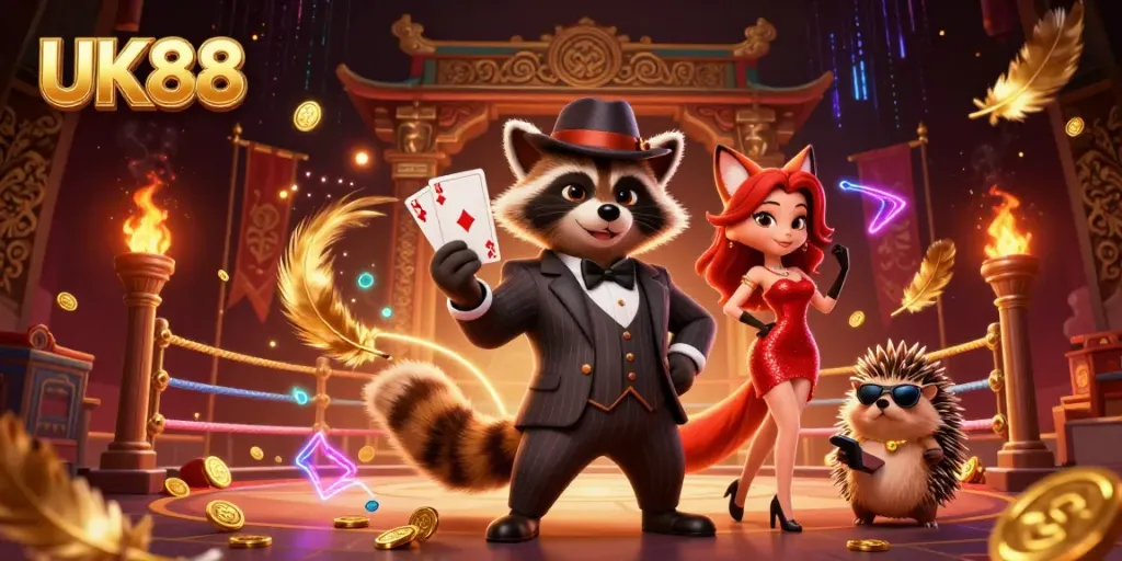 Experience thrilling gameplay with UK88 in this vibrant 3D casino scene featuring unique character interactions.