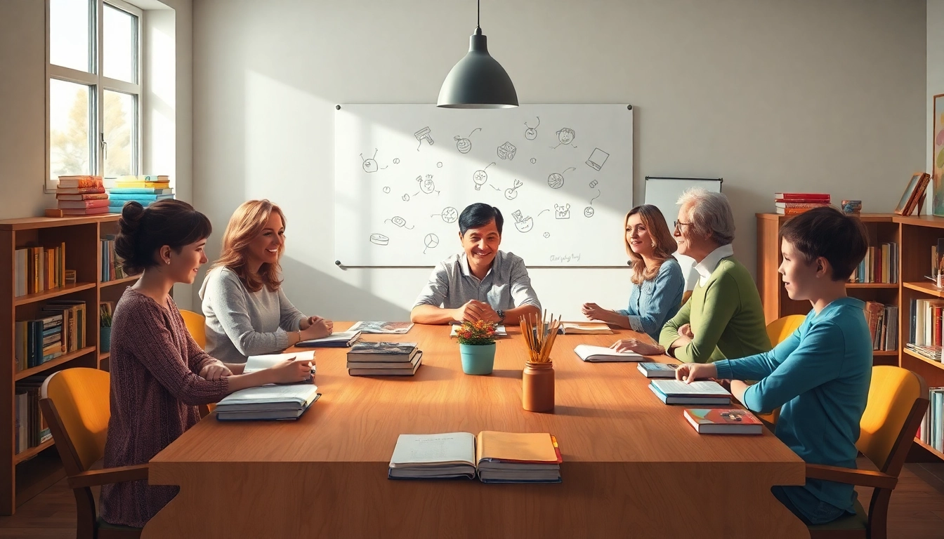 Zeigen Sie eine Familie, die bei Heimunterricht am Esstisch lernt, mit Büchern und einem Whiteboard im Hintergrund.