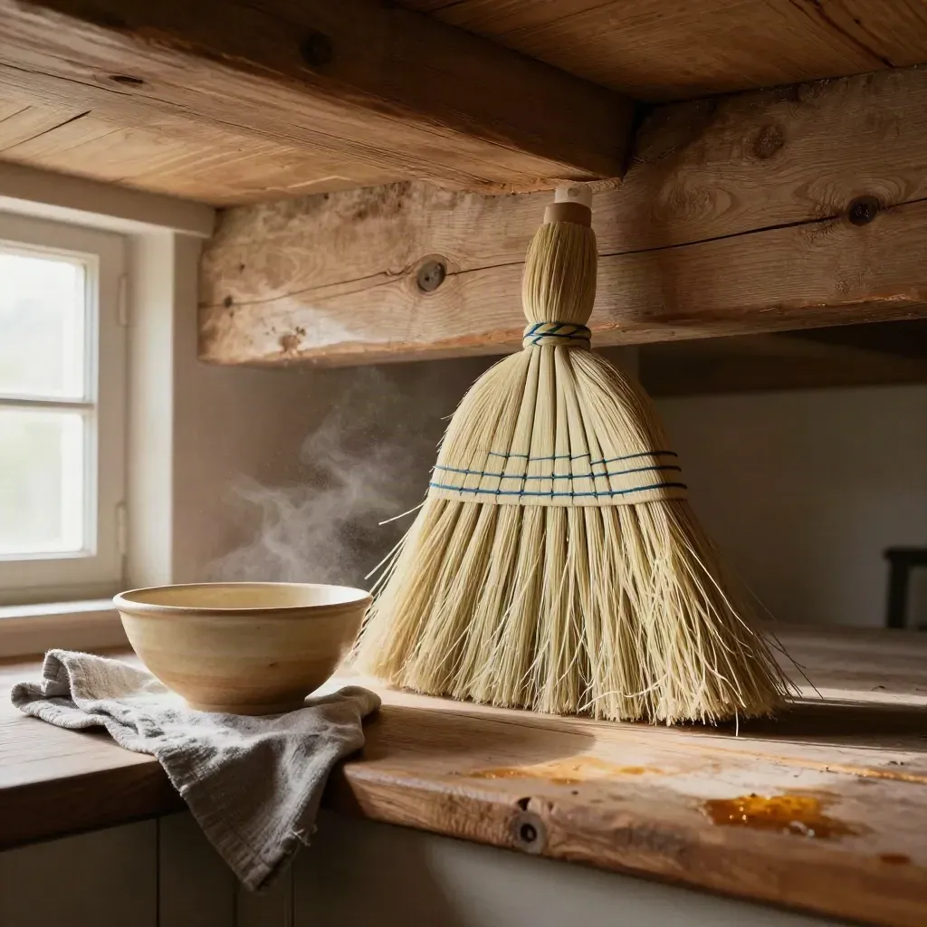 Staubfangbesen streift eine alte Holzbalkendecke neben Schale und Leinentuch im warmen Licht.