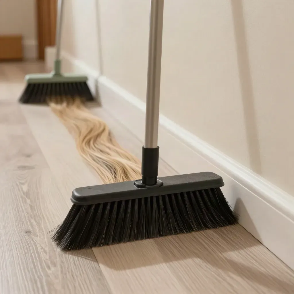 Gummibesen schiebt Haare auf Laminat an der Sockelleiste zu einem schmalen Streifen.