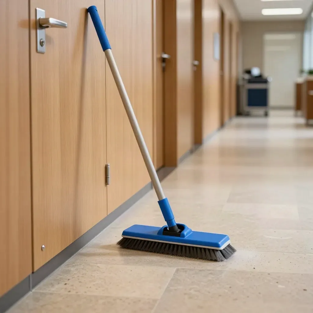 Langer Büroflur mit Besen am Boden vor geschlossenen Türen