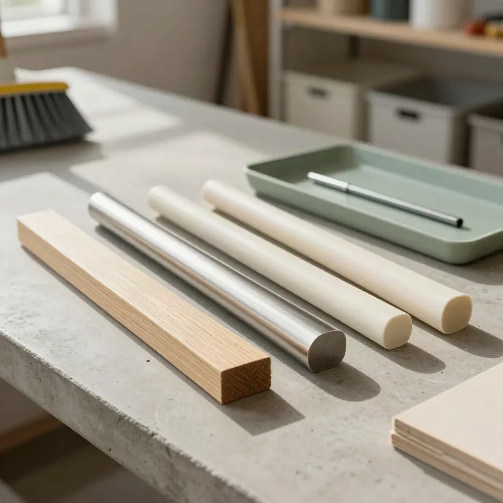 Besenstiele aus Holz, Metall und Kunststoff mit Materialproben auf grauer Werkbank.