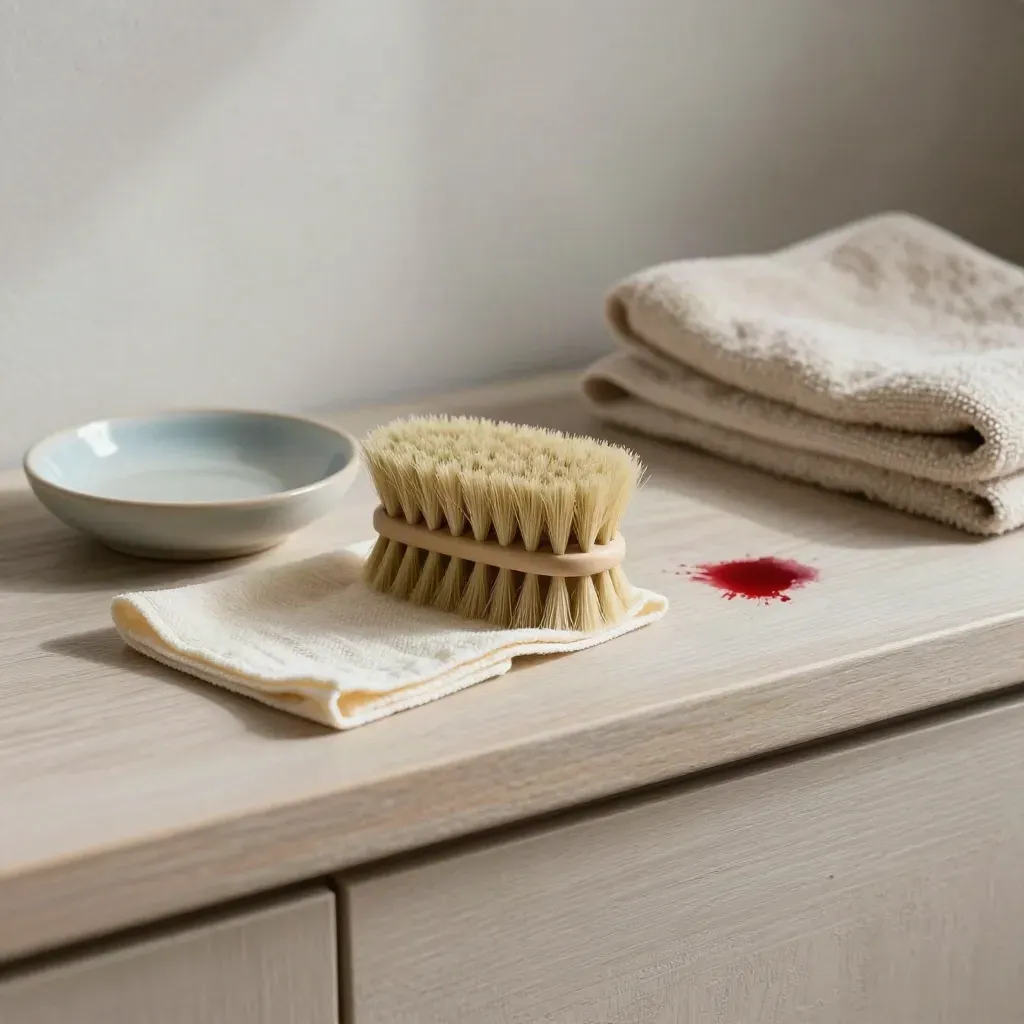 Handfeger, Tuch und Schale mit Reinigungsmittel neben einem Fleck auf heller Holzfläche