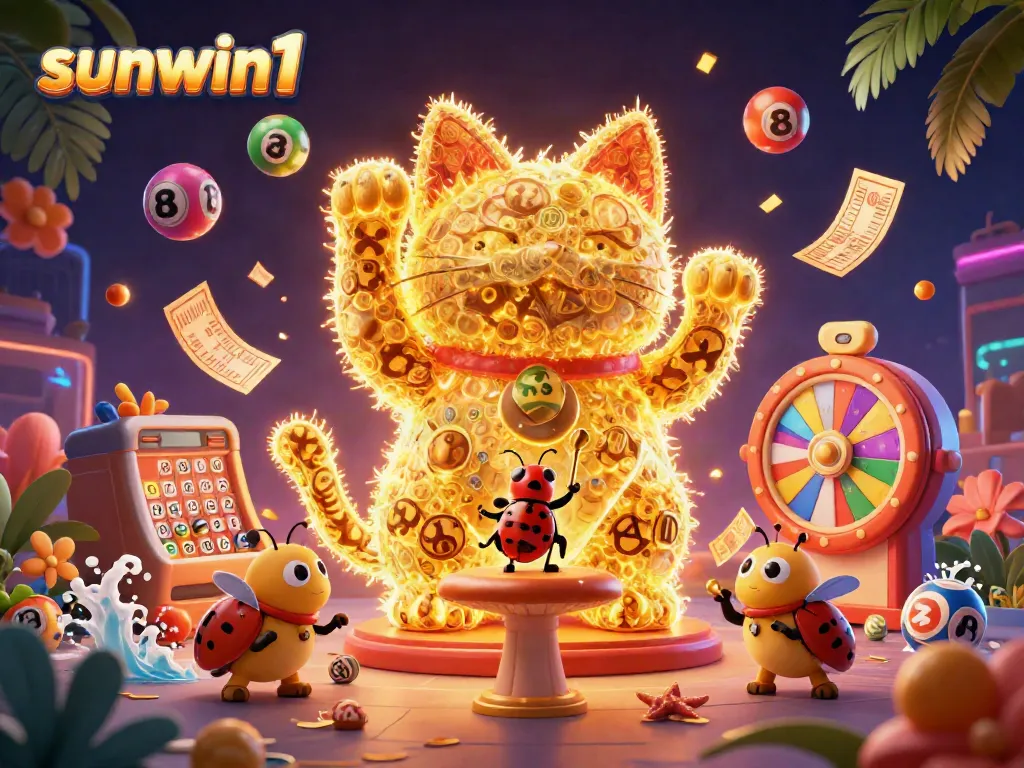Experience the excitement of sunwin1 with vibrant casino symbols, a lucky cat, and dynamic gaming elements.