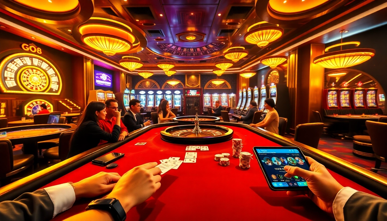 Engaging players at GO8 casino tables, experiencing excitement in a luxurious gaming environment.