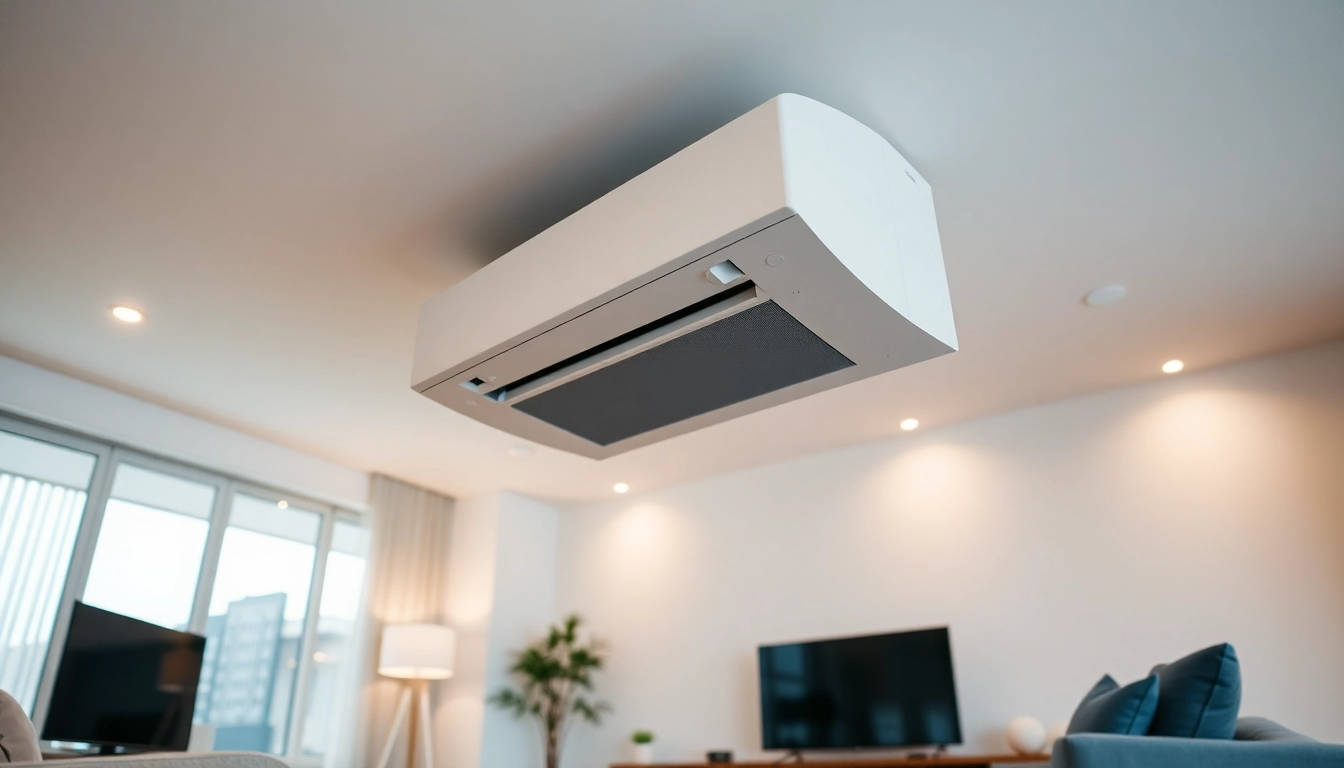 Klima installieren durch Fachleute in einem modernen Wohnraum mit einem eleganten Klimagerät.
