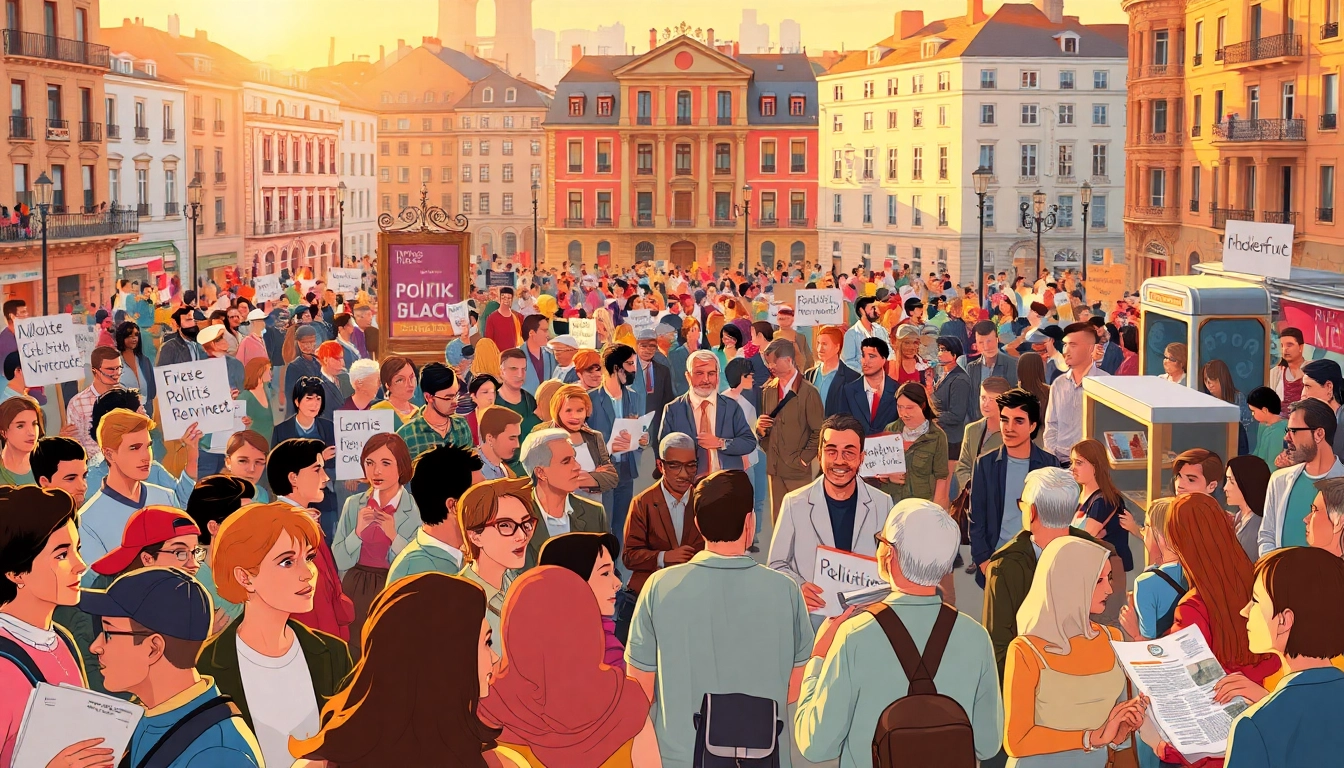 Visual representation of a diverse group discussing Politik und Meinung in a vibrant urban setting.