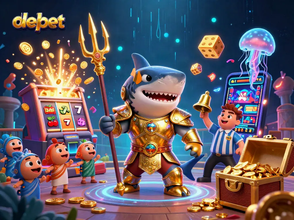 Experience the excitement of debet casino with a shark gladiator and thrilling game elements.