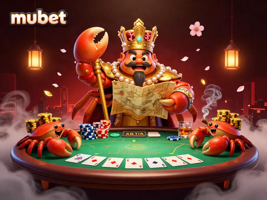 Win big at mubet with colorful poker elements and a golden crab emperor in a vibrant casino scene.