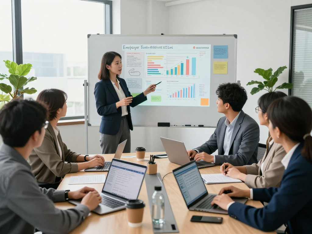 Wertschätzung Arbeit: Team arbeitet an Feedback-Strategien in modernem Konferenzraum.
