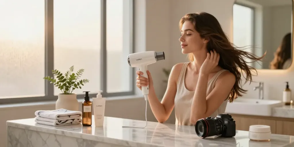 Woman using the Laifen Mini haartrockner in a stylish bathroom, showcasing modern beauty routines.