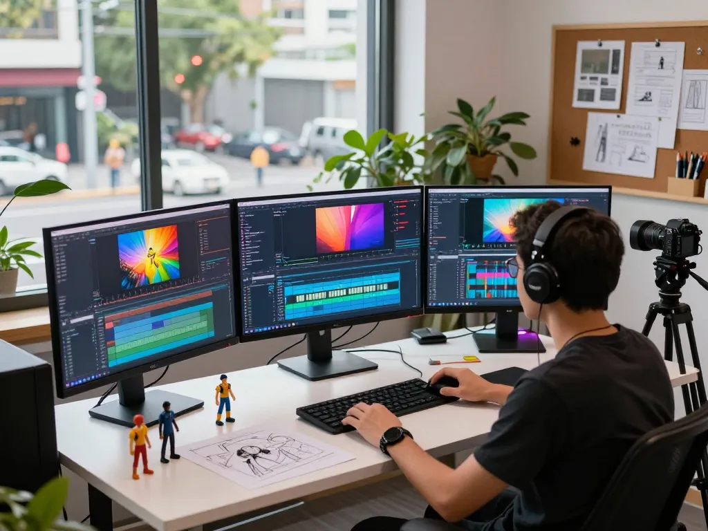 Video creator using motion control technology in a dynamic workspace for seamless animation production.