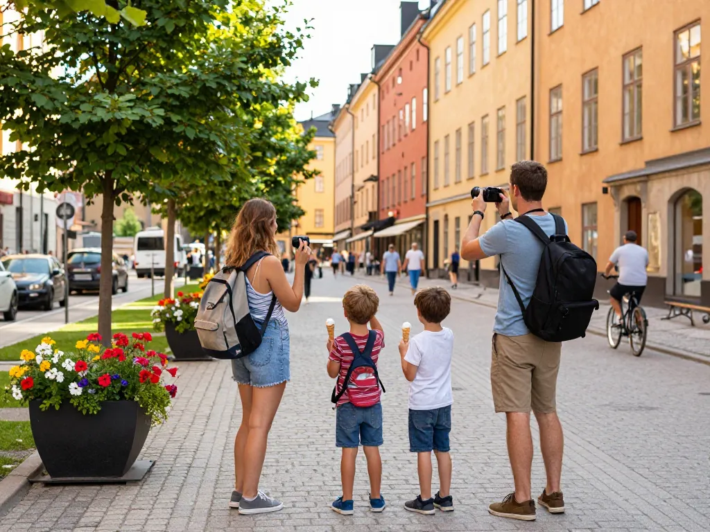 Reisetipps Stockholm: Familie erkundet lebendige Straßen und hält Erinnerungen im Sommer-Sonnenschein fest.