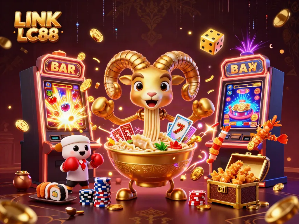 Engage with the imaginative LINK LC88 casino scene featuring a giant ramen bowl, vibrant game elements, and festive cheerleaders.