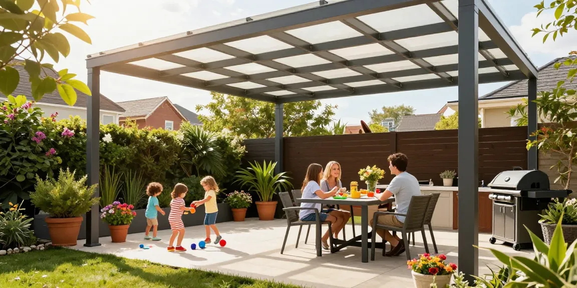 Hochwertige Terrassenüberdachungen aus Aluminium bieten perfekten Schutz für die Familie im Garten.