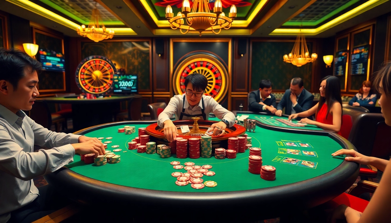 An enthusiastic player betting at a vibrant table at nha cai luck8 online casino, showcasing cards and chips.