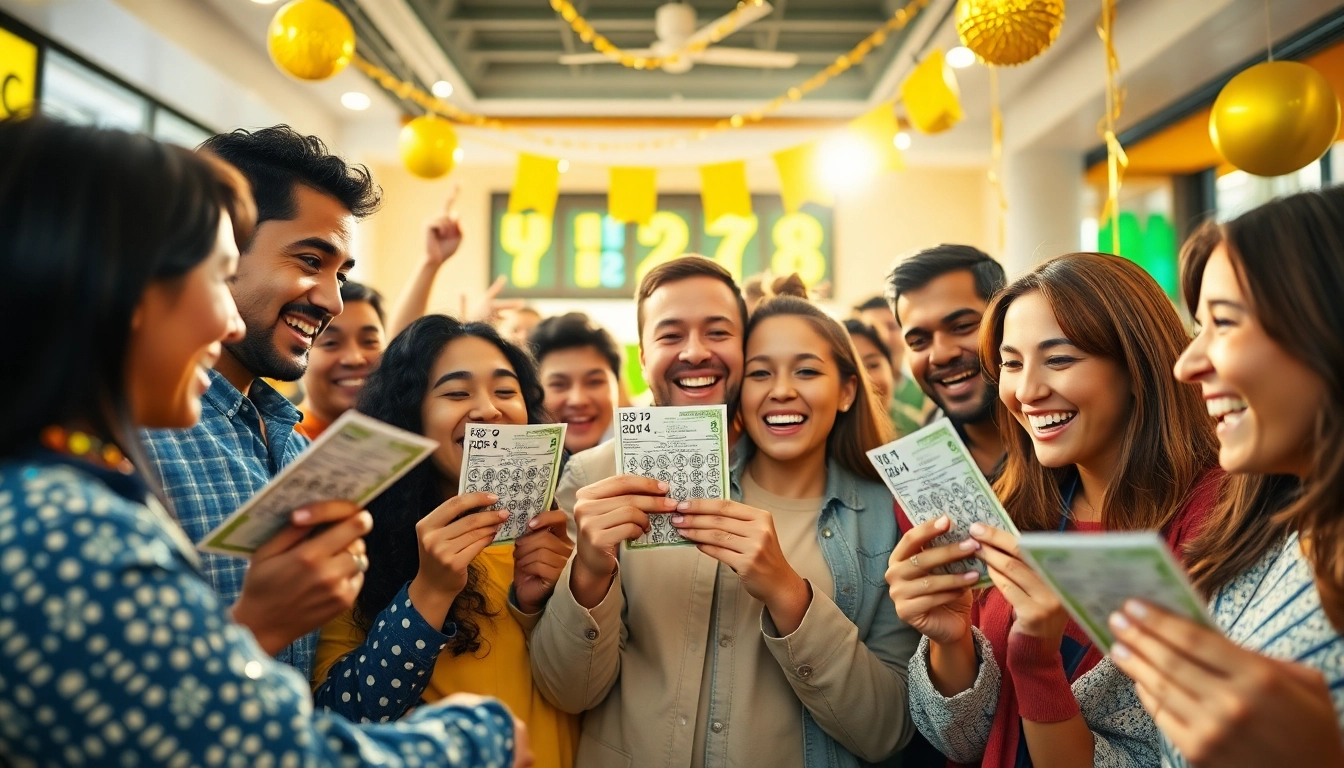 Excited lottery players checking results at https://songthulo.site/ with vibrant expressions and festive atmosphere.