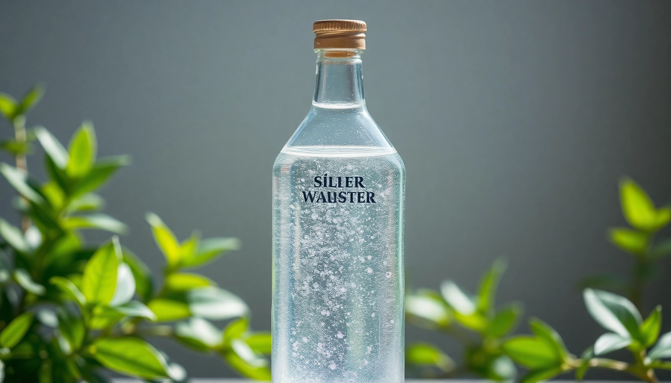Silberwasser in einer klaren Flasche, die vor Pflanzen steht und in natürlichem Licht glänzt.
