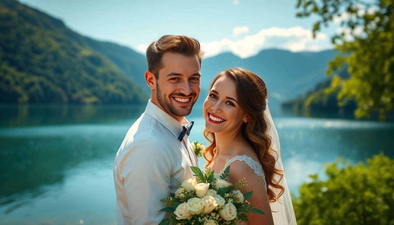 Hochzeitsfotograf Tegernsee fängt glückliches Paar am Tegernsee mit romantischem Hintergrund ein.