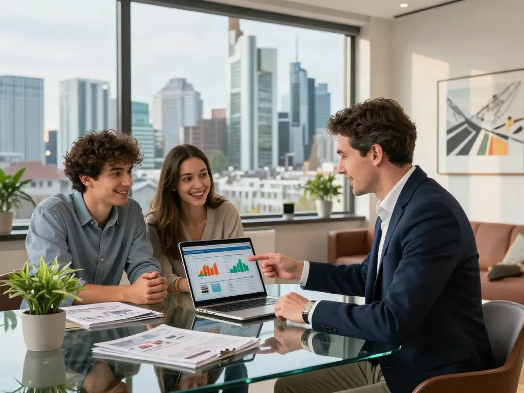 Bester Immobilienmakler Frankfurt berät ein junges Paar in modernem Büro über Immobilienmöglichkeiten.