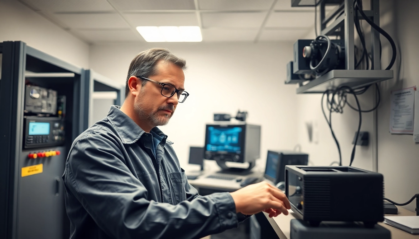 Techniker führt die DGUV V3 Prüfung elektrischer Geräte durch, überprüft Sicherheitsstandards in einem modernen Büro.