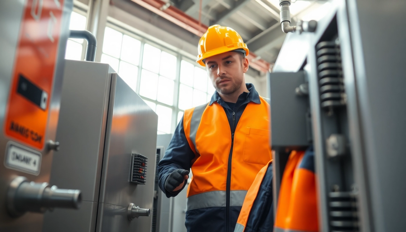 DGUV V3 Prüfung: Techniker bei der Prüfung sicherer Maschinen und Elektronik in einer industriellen Umgebung.