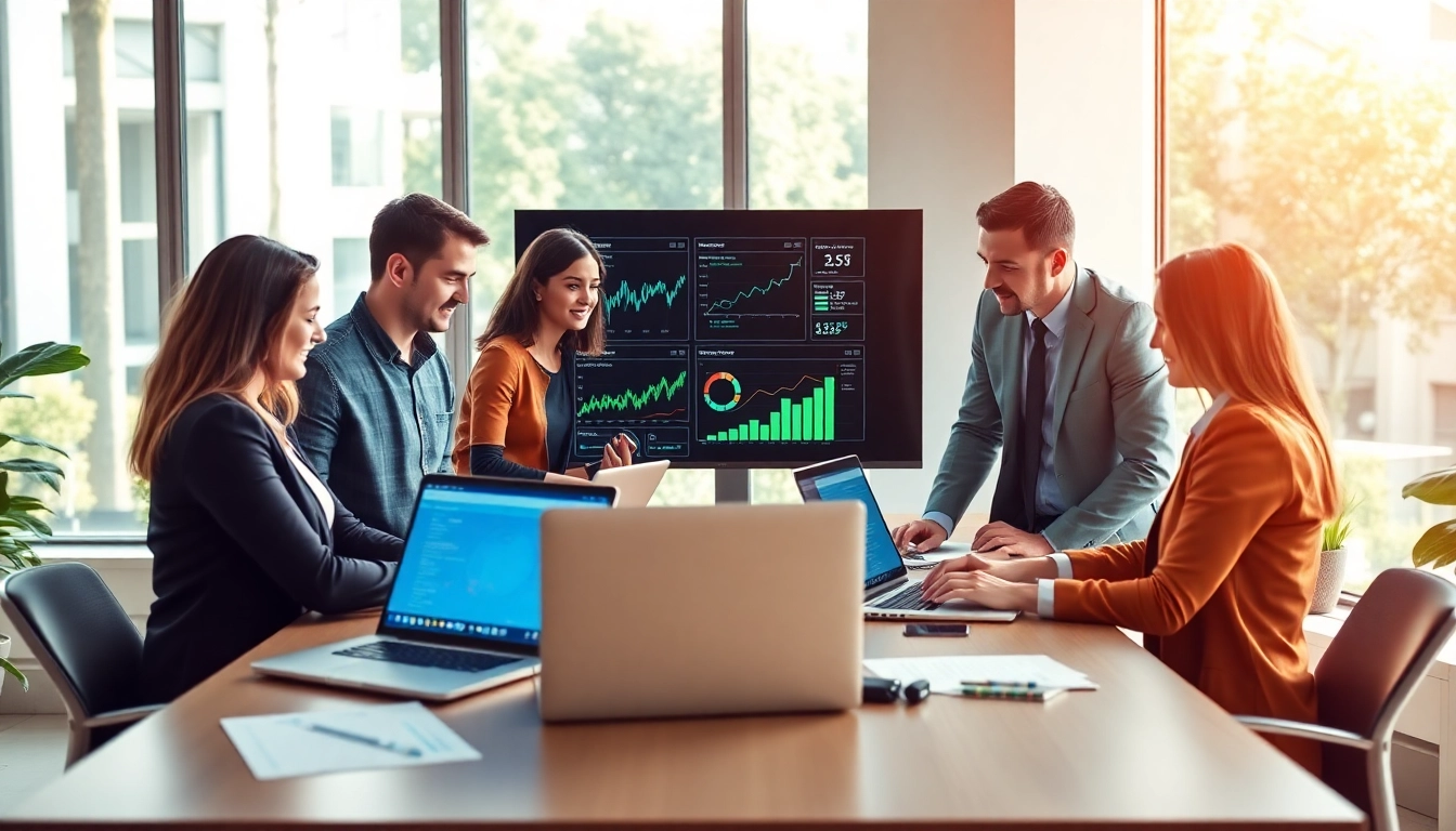Strategisches Team für Online Marketing arbeitet an innovativen Lösungen in einem modernen Büro.
