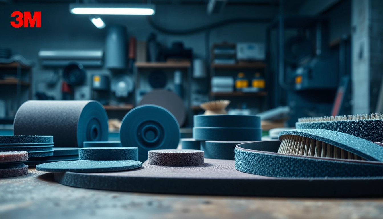 3M Schleifmittel Anzeige auf einer Werkbank, die innovative Schleifwerkzeuge und Materialien präsentiert.