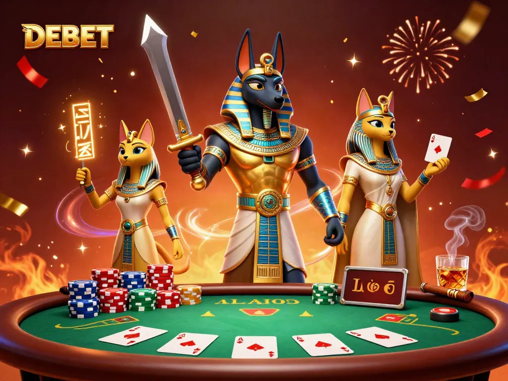 Players enjoying an immersive DEBET casino experience with Anubis and Bastet characters.