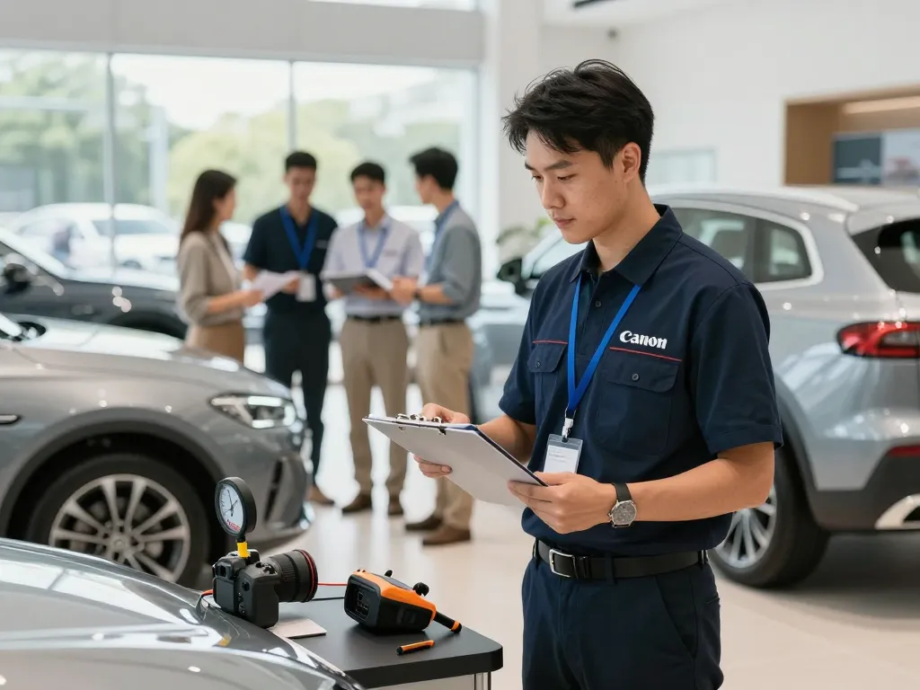 Autoankauf-Experte bewertet ein Fahrzeug in einem hellen Autohaus und zeigt Professionalität.