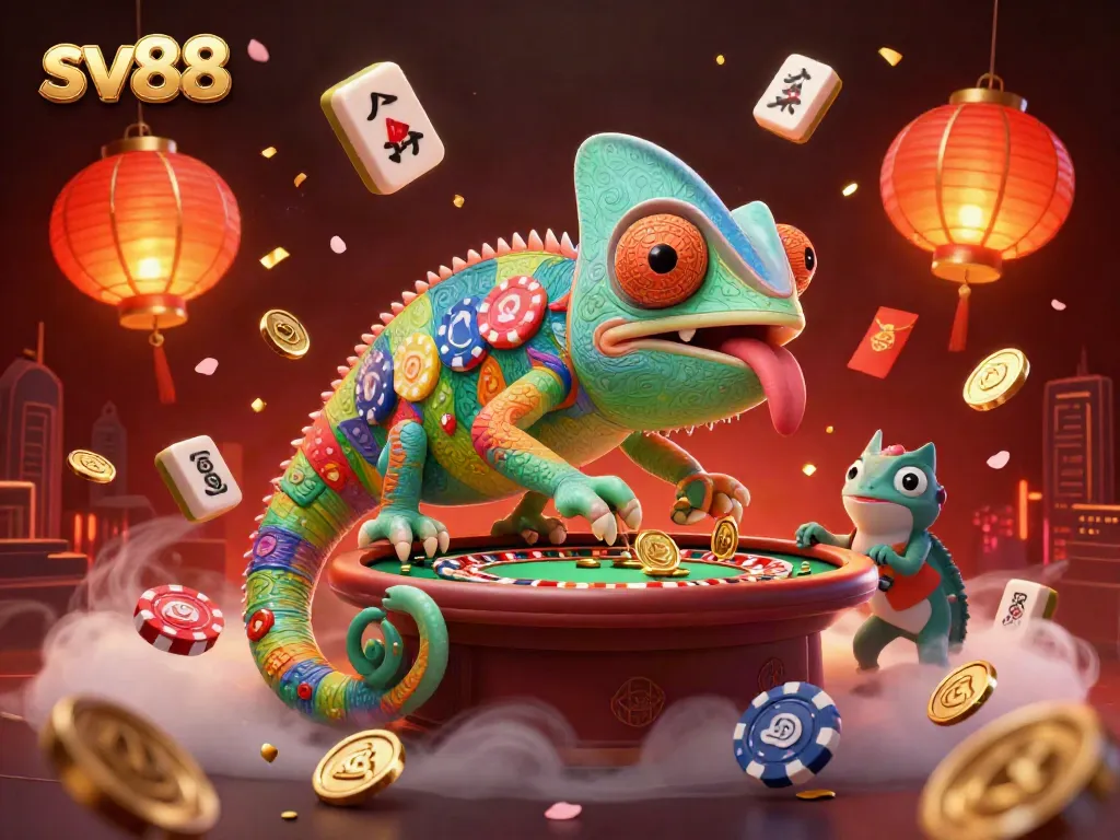 Experience sv88's vibrant casino world with a chameleon owner snapping up coins amidst festive decorations.