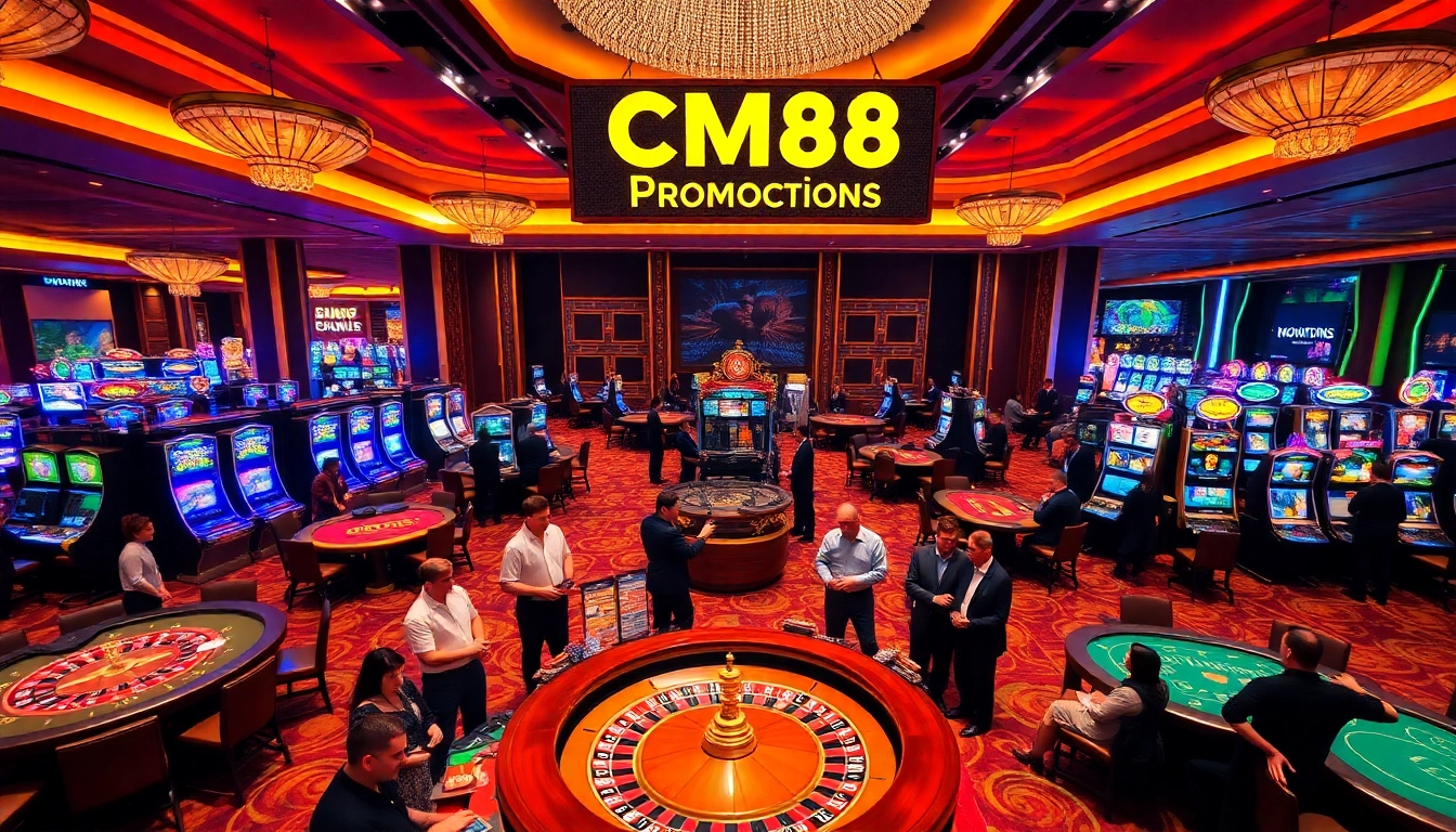 Engaging gamblers at a casino with CM88 promotions and vibrant gaming tables.