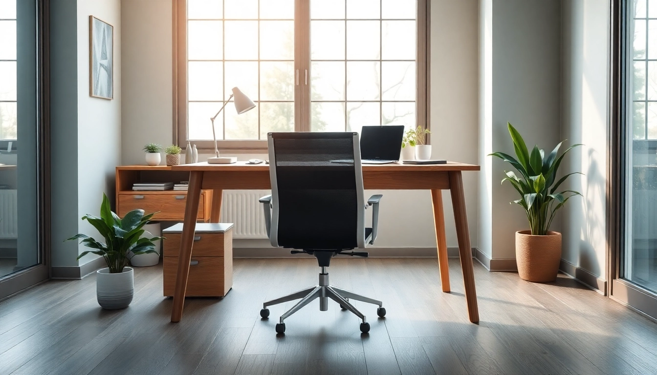 Präsentieren Sie stilvolle Büromöbel in einem modernen Büro mit ergonomischem Schreibtisch und Stuhl.
