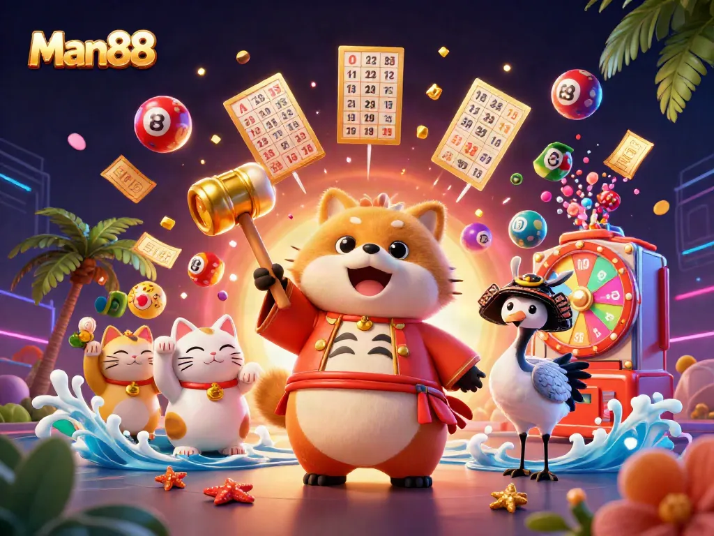 Experience the excitement of Man88 with a vibrant casino scene featuring a cheerful tanuki and lucky charms.