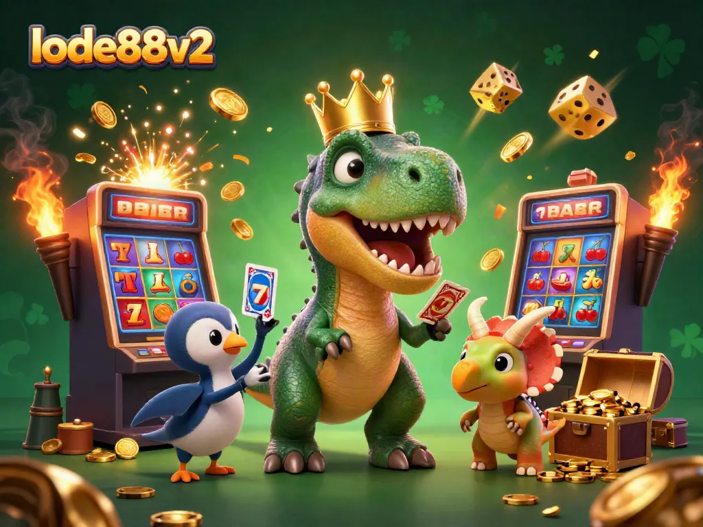 Engage with lode88v2's thrilling casino gaming experience featuring vibrant illustrations of a playful T-Rex and friends.