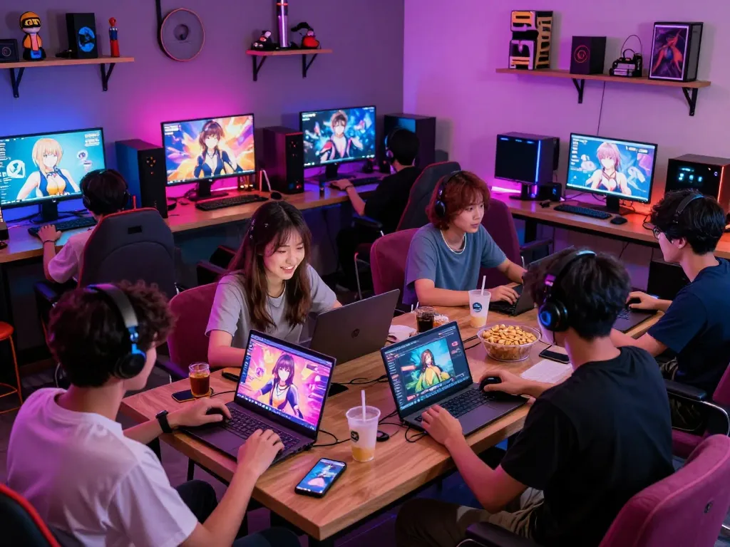 Engaging adult gaming lounge scene with players enjoying game sex on various devices.