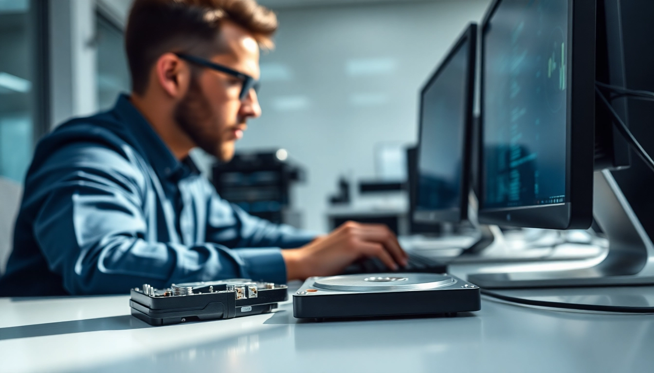 Datenrettung externe festplatte in einer modernen Technikumgebung mit einem Techniker bei der Arbeit.