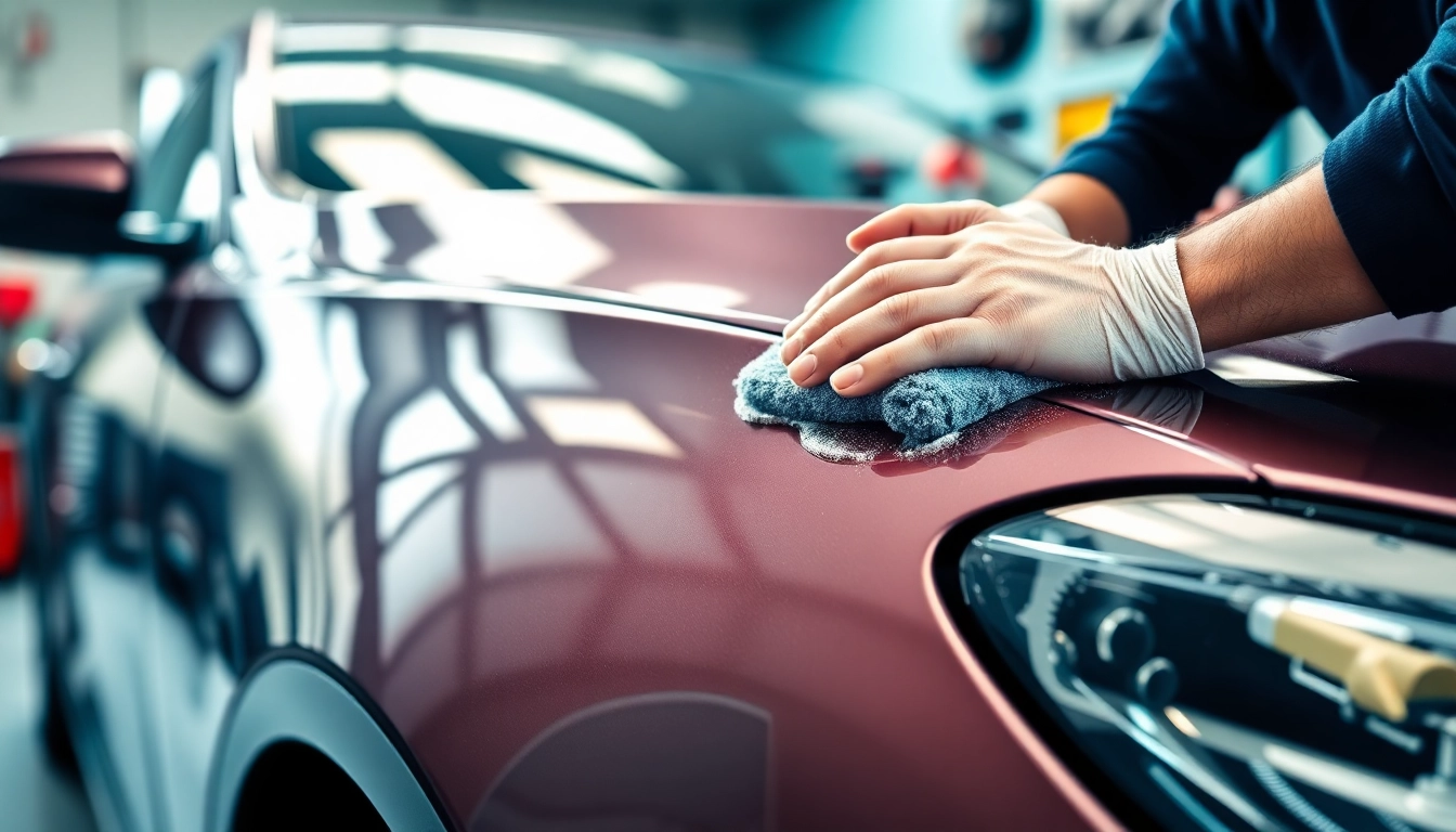 Fahrzeugaufbereitung in einer professionellen Umgebung mit glänzendem Auto und Detailern.