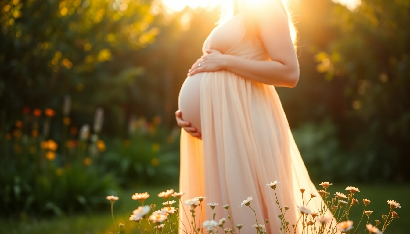 Schwangere Frau in schöner Babybauch Fotografie, umgeben von Blumen im Freien