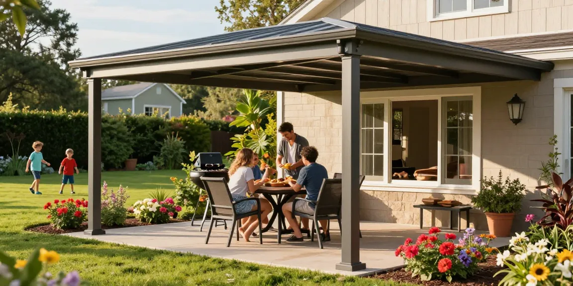 Freistehende Terrassenüberdachung mit Familie beim Grillen im Garten.
