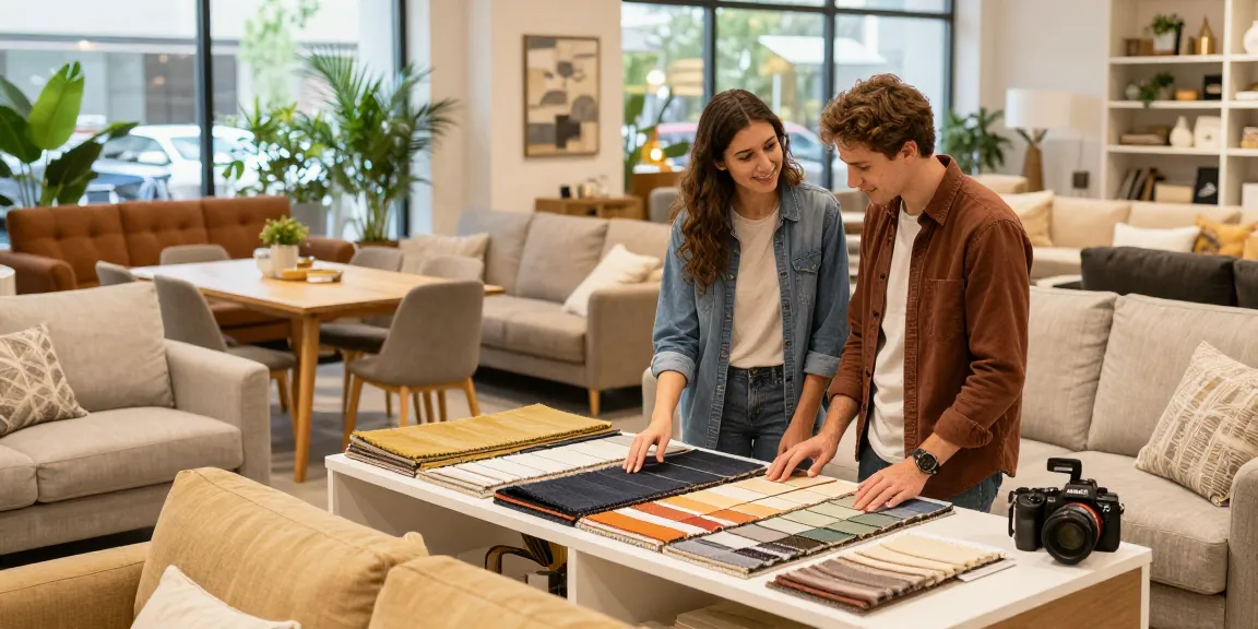 Käufer genießen ein lebhaftes Online-Möbelshop-Erlebnis in einem stilvollen Möbelshowroom.