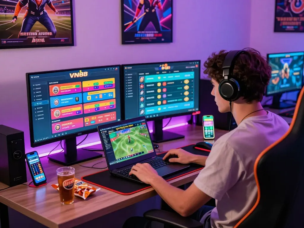 Engaging VN88 online gambling scene with a gamer at a colorful desk setup.
