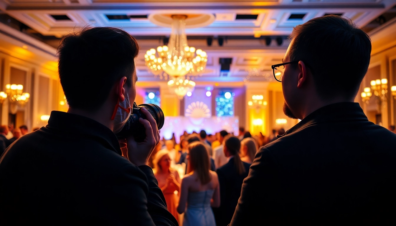 Eventfotos München bei einer Gala mit lächelnden Gästen und einem Fotografen.