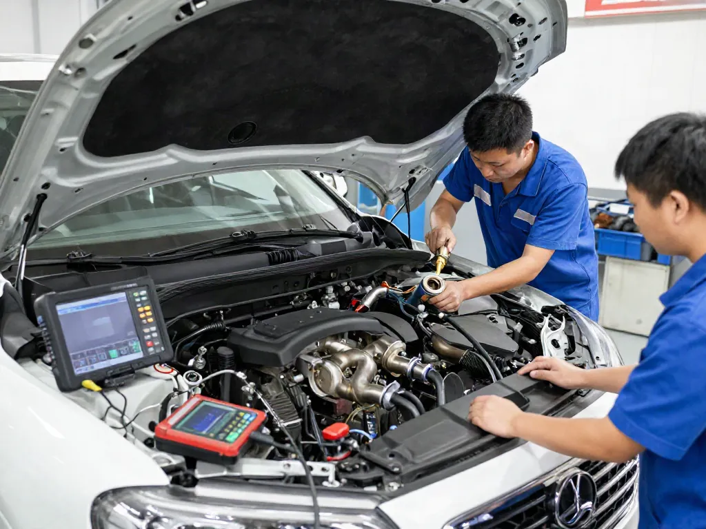 Techniker führt DPF-Regeneration durch und zeigt moderne Werkzeuginfrastruktur für dieselbetriebene Fahrzeuge.