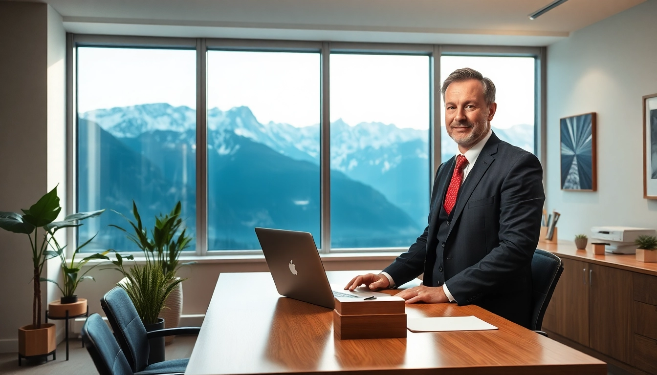 Der Headhunter Schweiz berät professionell im modernen Büro mit Alpenblick.