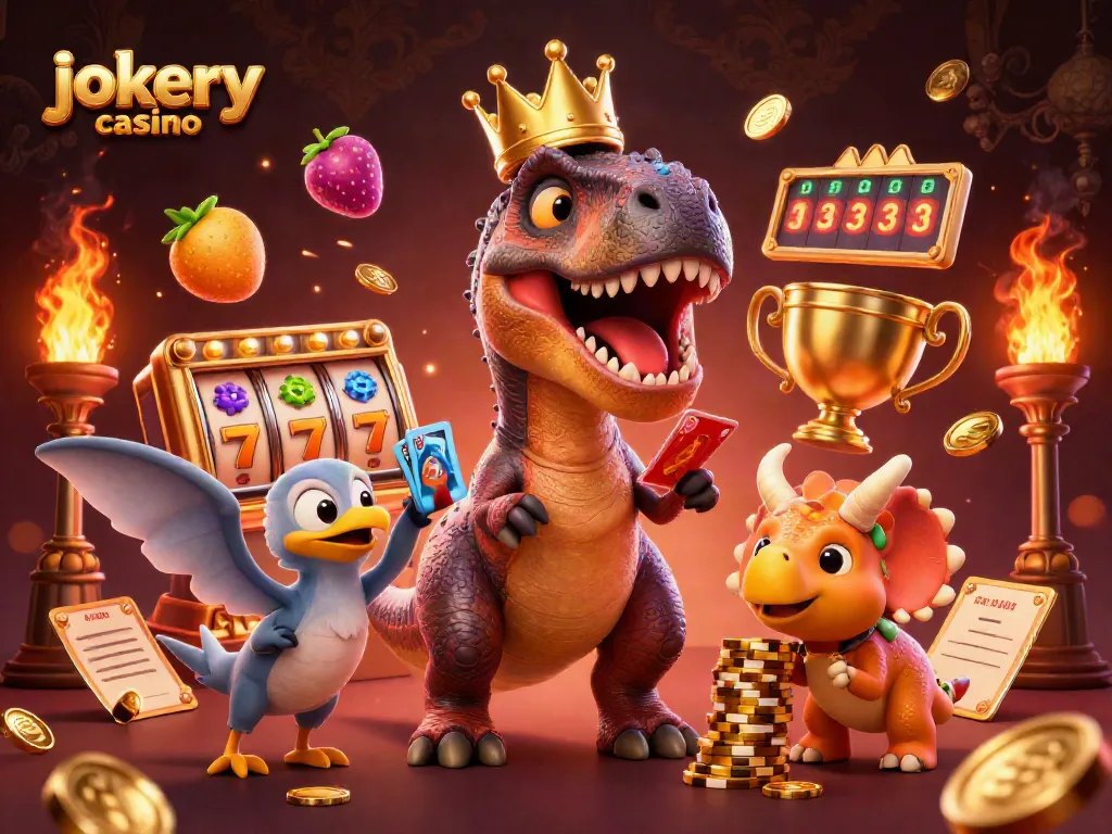 Engage in thrilling action at jokery casino with vibrant characters, slots, and golden visuals.