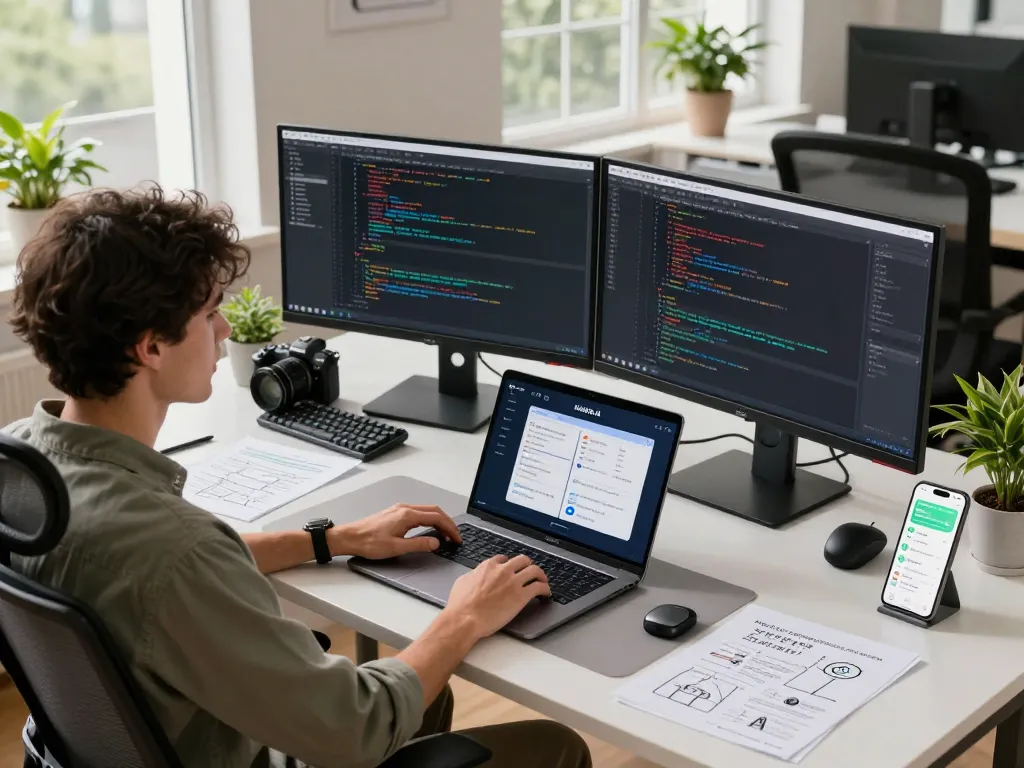 The workspace of a software developer using clawdbot ai on multiple screens, featuring smart devices and coding tools in a modern office.