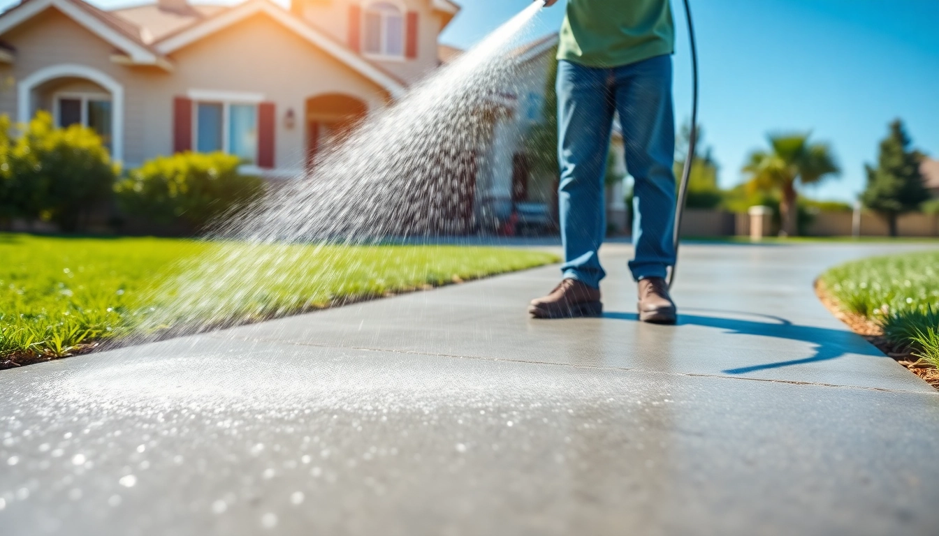 Driveway pressure wash service transforming a concrete driveway to look new again.
